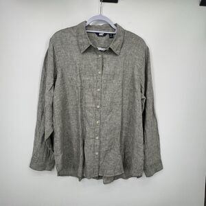 Lands End Womens Linen Button Up Shirt Sz XL Gray Long Sleeve Coastal Minimalist